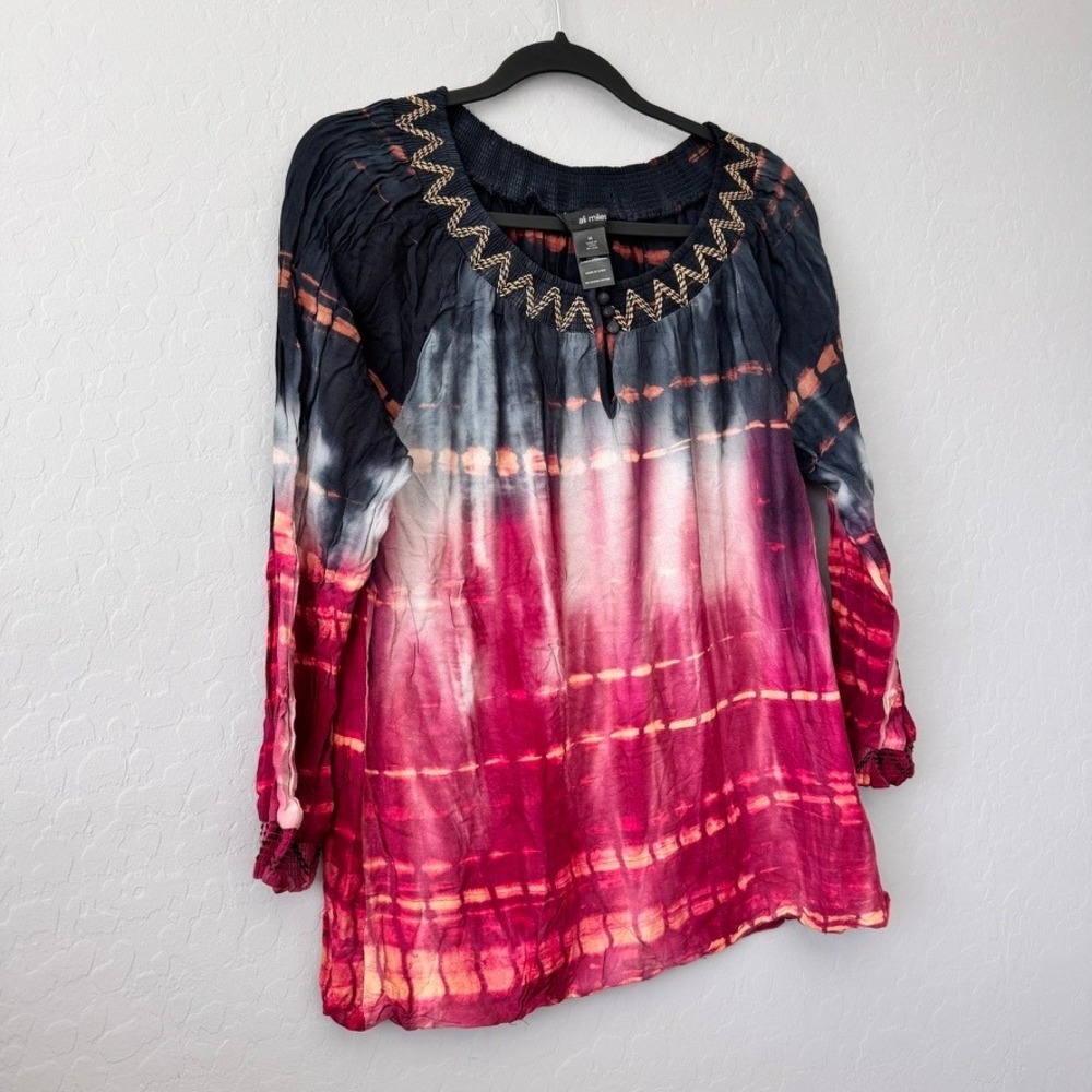 Ali Miles M Tunic Top Black Magenta Tie Dye Long Sleeve Embroidered Boho Blouse - Picture 2 of 6